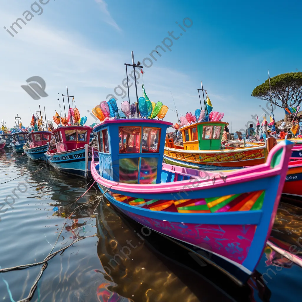 Fishing boats adorned for a festival at a lively harbor celebration. - Image 3