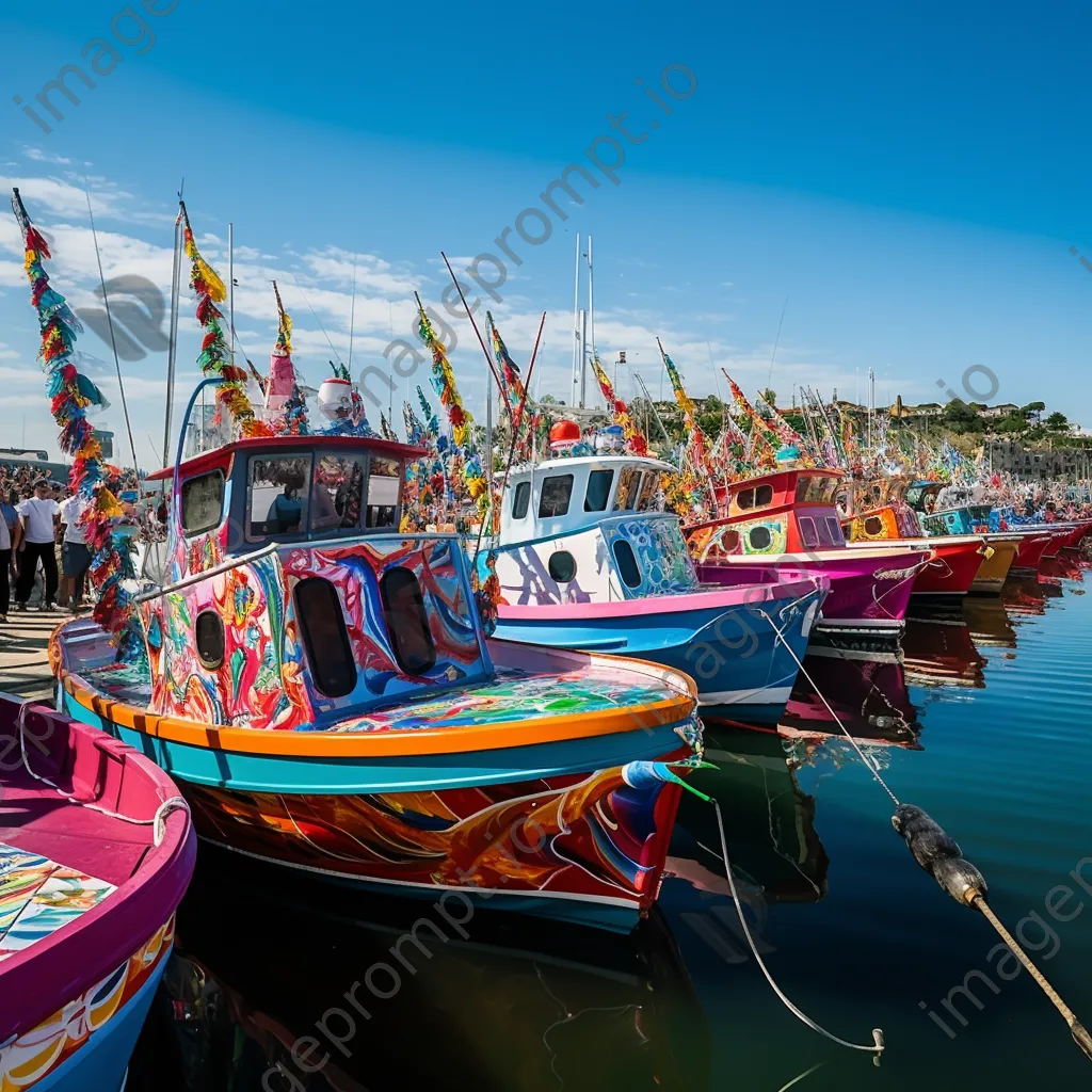 Fishing boats adorned for a festival at a lively harbor celebration. - Image 4