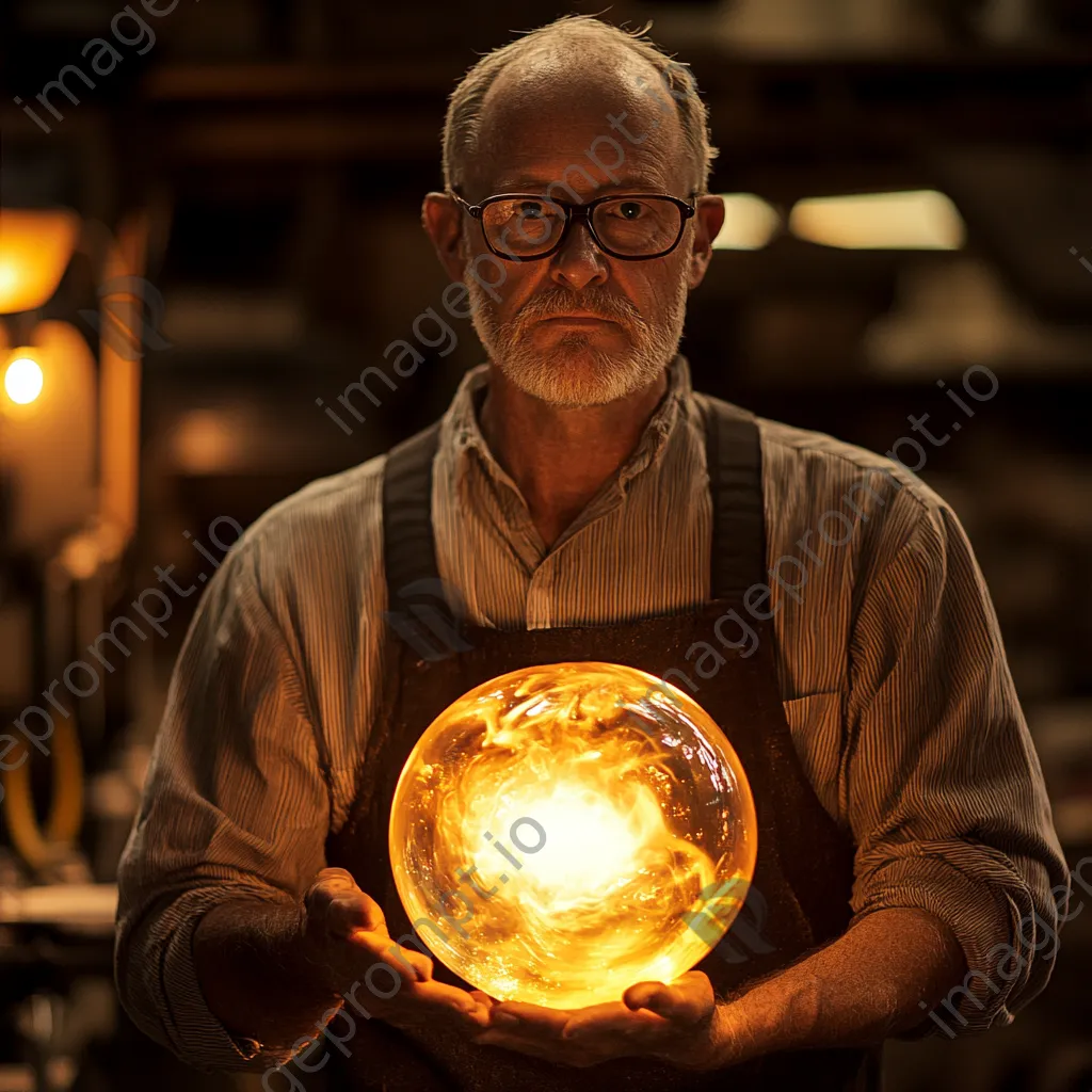 Artisan holding a molten glass piece in a workshop - Image 1