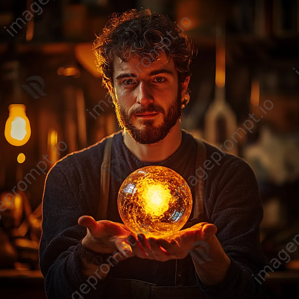 Artisan holding a molten glass piece in a workshop - Image 2