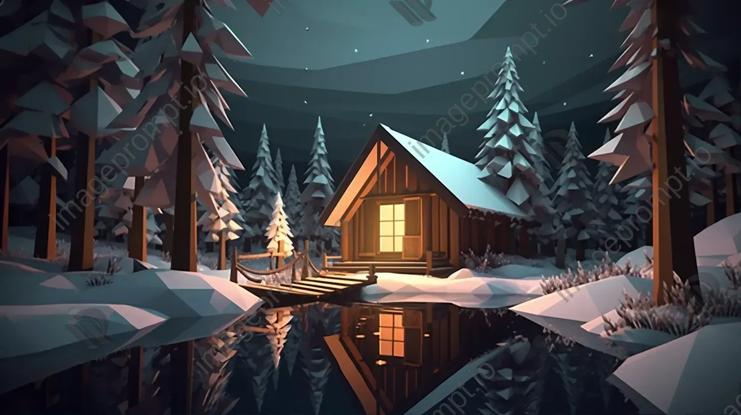 Cozy, low poly cabin in snow-covered forest on a peaceful night - Image 1