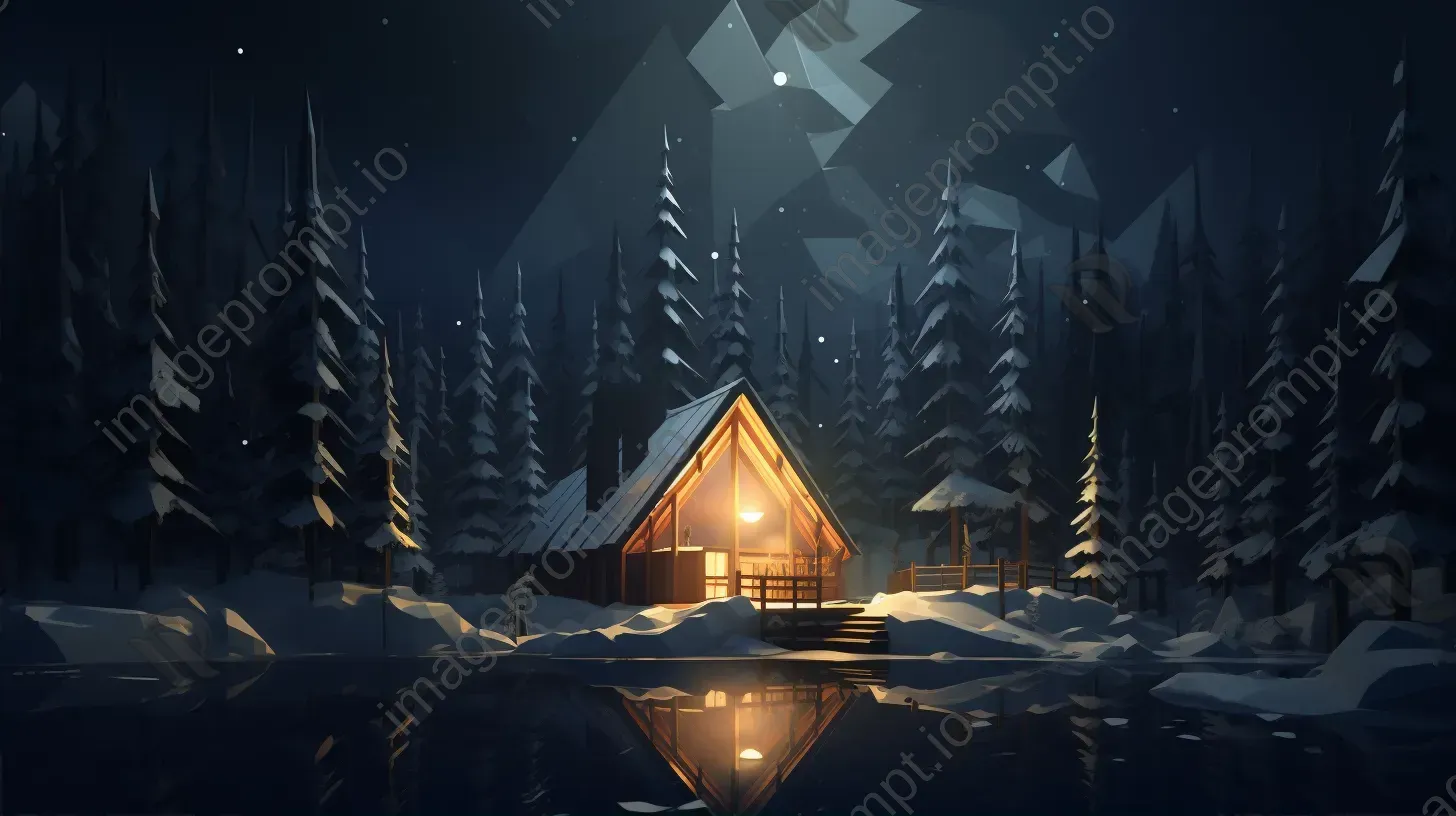 Cozy, low poly cabin in snow-covered forest on a peaceful night - Image 2