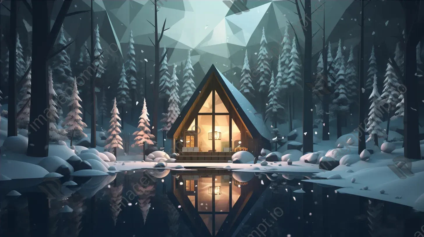 Cozy, low poly cabin in snow-covered forest on a peaceful night - Image 4