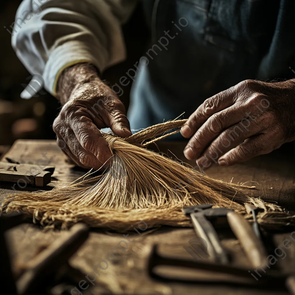 Close-up of hands weaving natural fibers into rope - Image 1