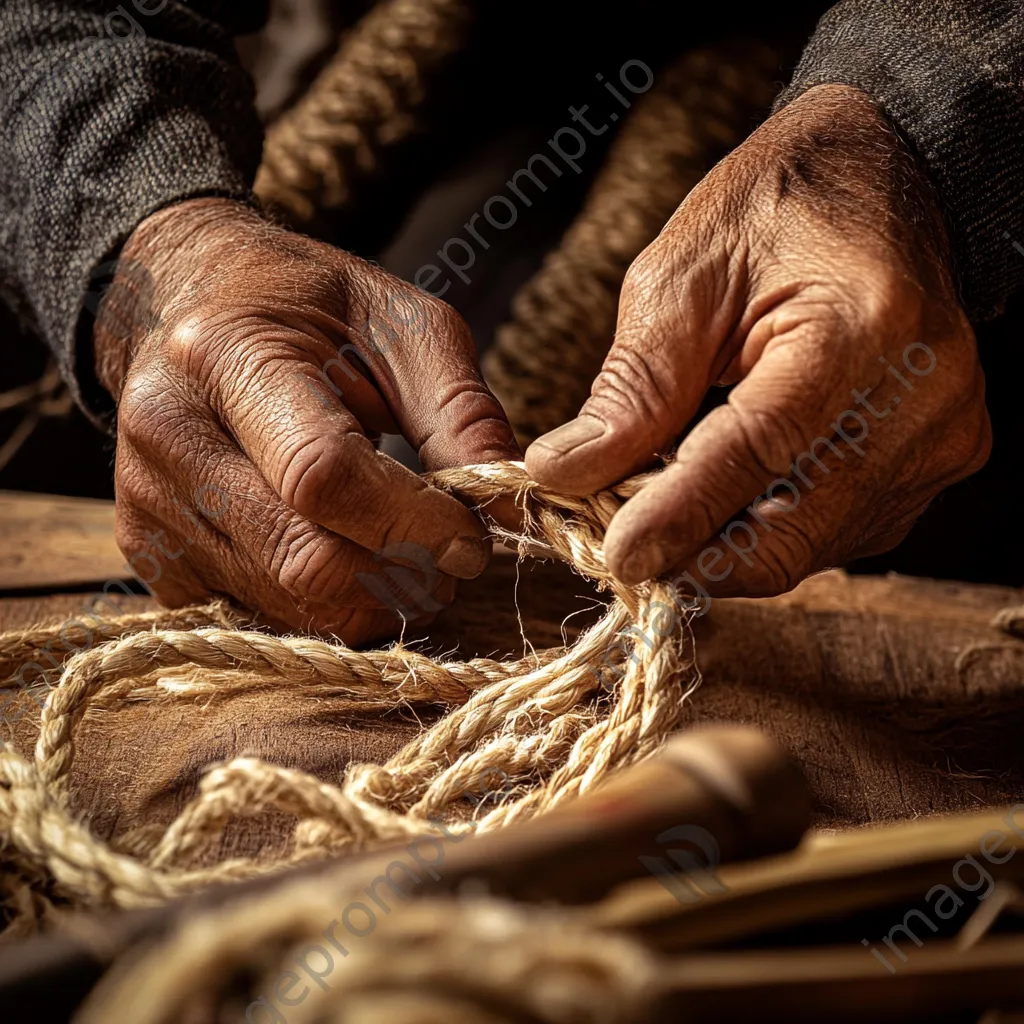 Close-up of hands weaving natural fibers into rope - Image 2