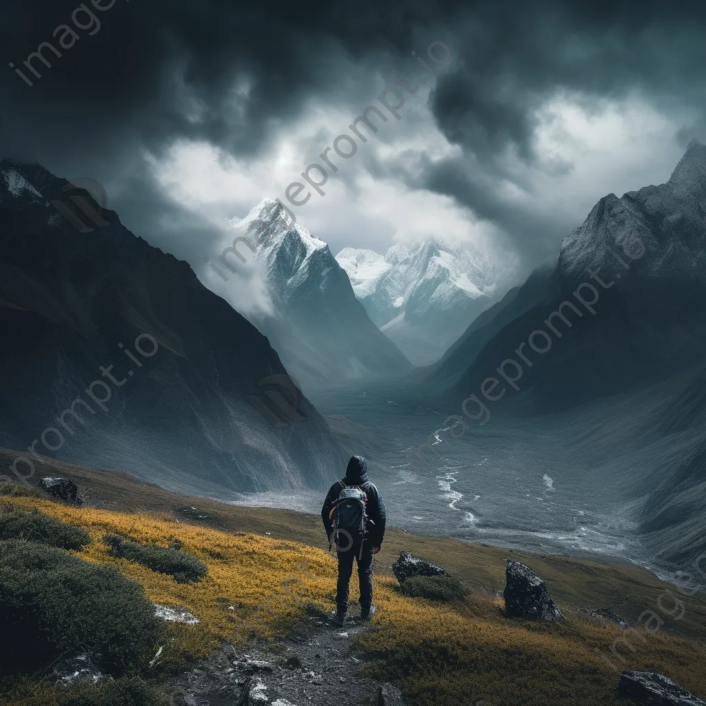 A hiker looking at a mountain view with storm clouds - Image 2