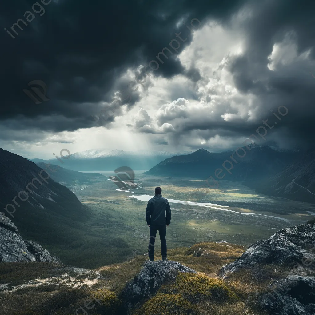 A hiker looking at a mountain view with storm clouds - Image 3