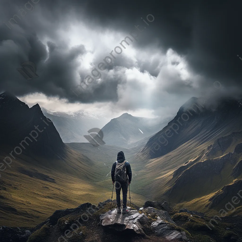 A hiker looking at a mountain view with storm clouds - Image 4