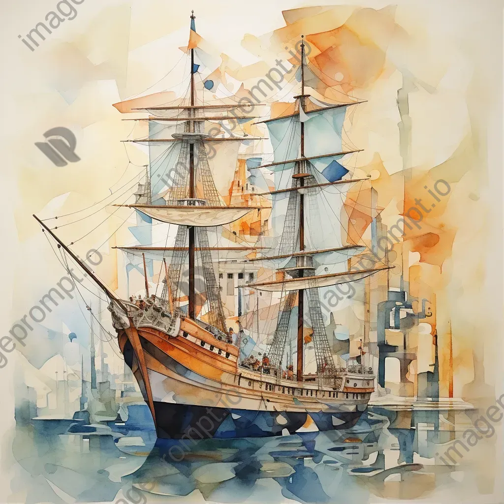 Watercolor painting depicting the stages of replacement in the Ship of Theseus paradox - Image 1