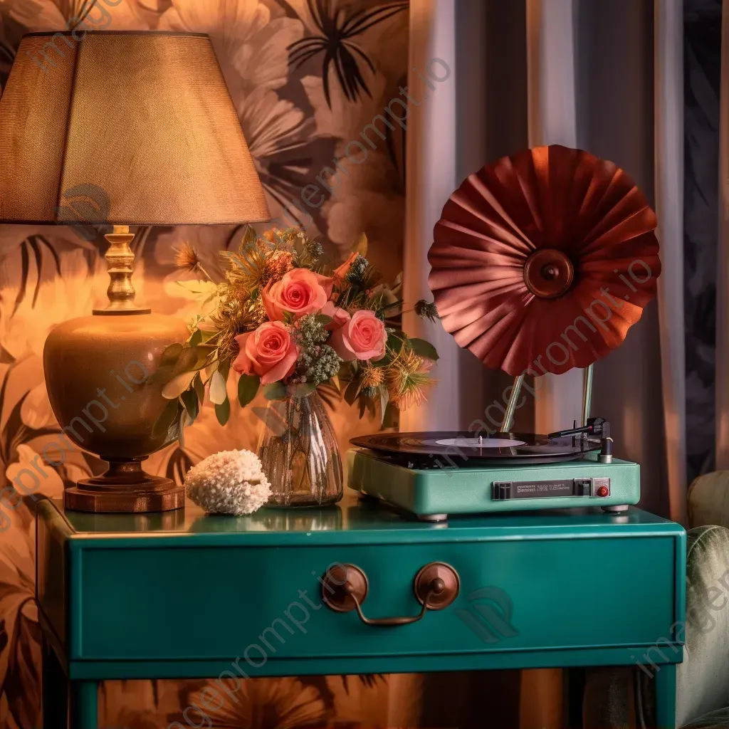 Retro gramophone playing vinyl record, vintage radio on a floral side table - Image 1