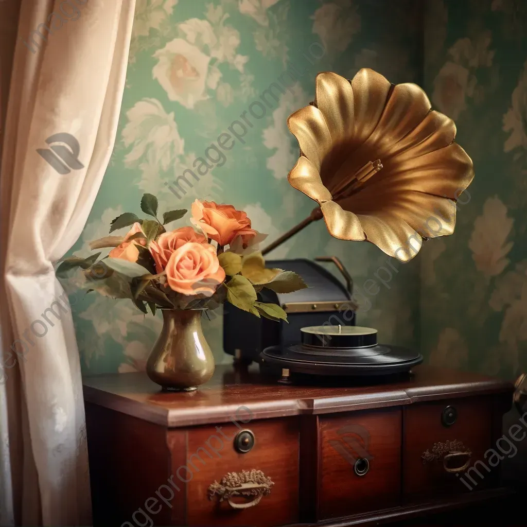 Retro gramophone playing vinyl record, vintage radio on a floral side table - Image 2
