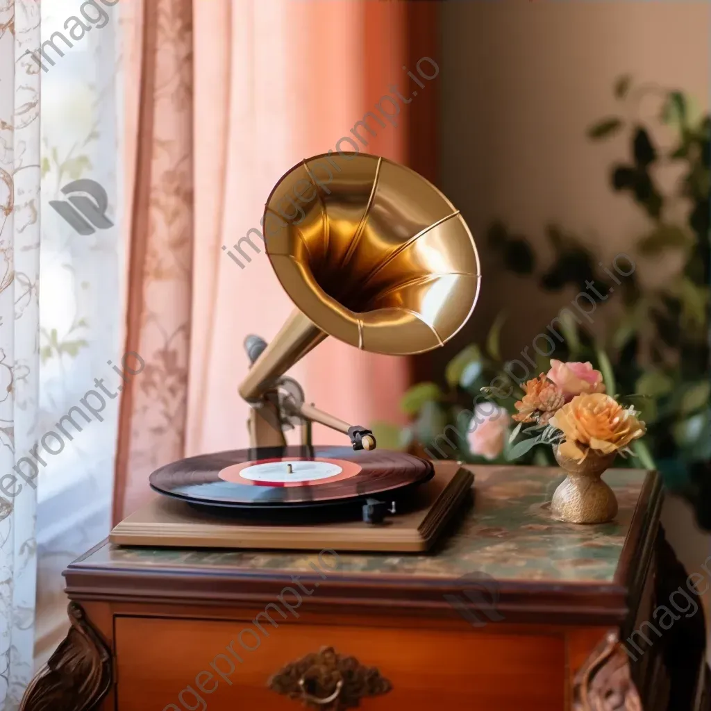 Retro gramophone playing vinyl record, vintage radio on a floral side table - Image 3