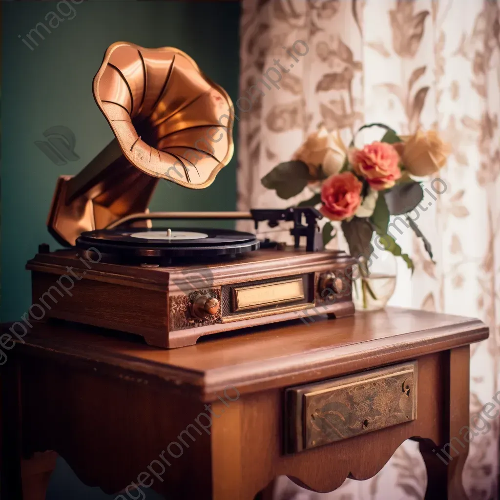 Retro gramophone playing vinyl record, vintage radio on a floral side table - Image 4