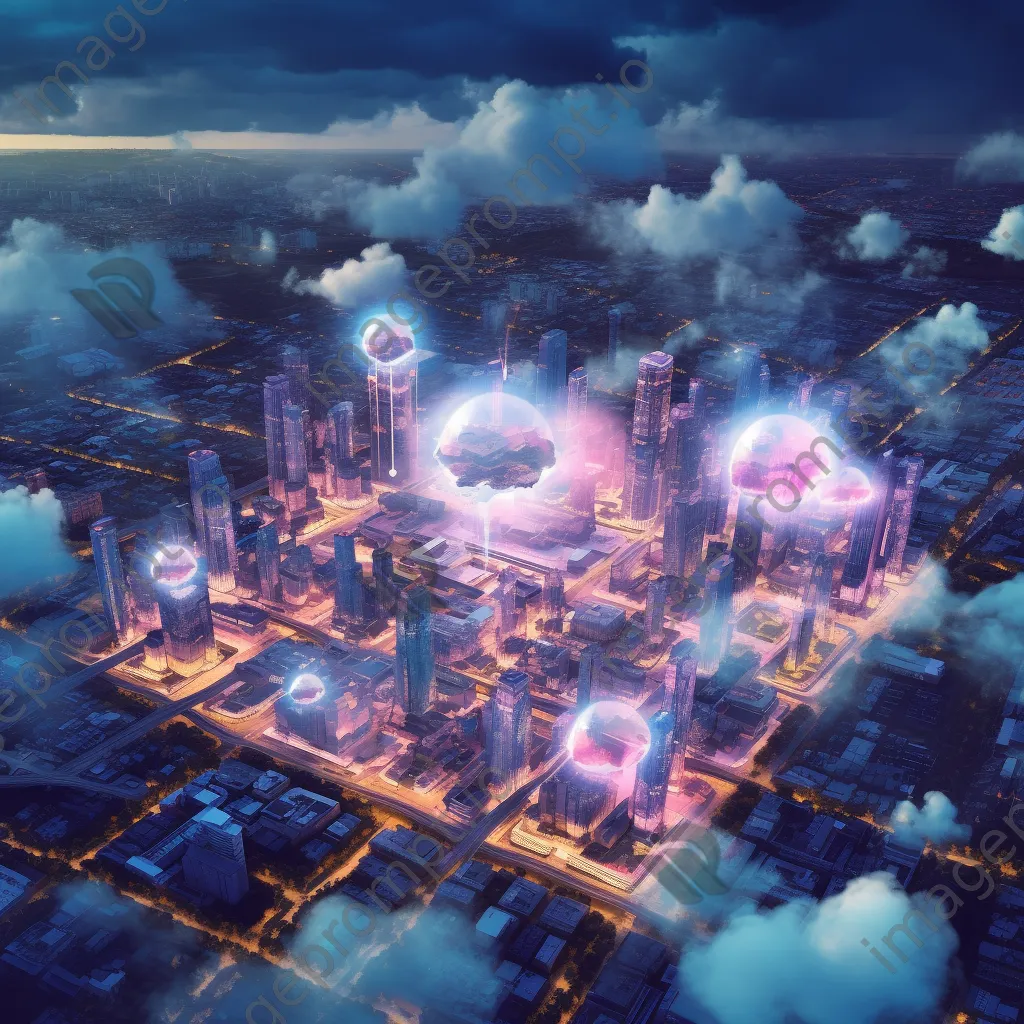 Aerial view of a smart city with cloud computing highlights. - Image 1