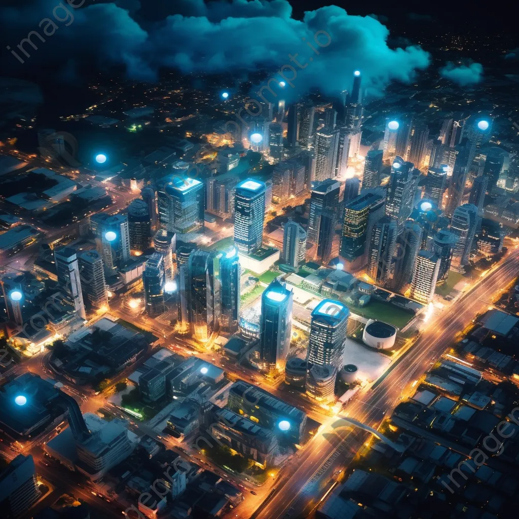 Aerial view of a smart city with cloud computing highlights. - Image 3