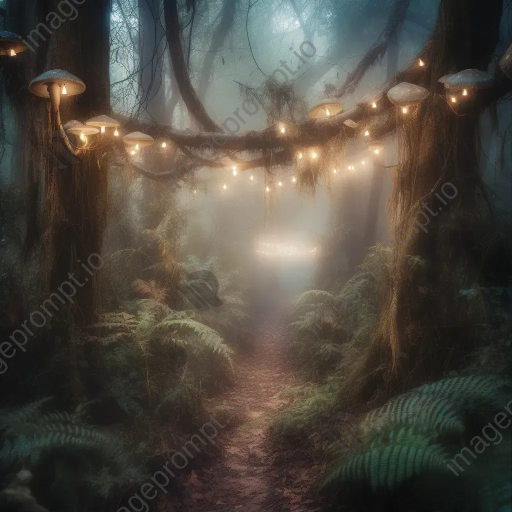 Enchanted forest with glowing mushrooms and mist-covered pathway - Image 1