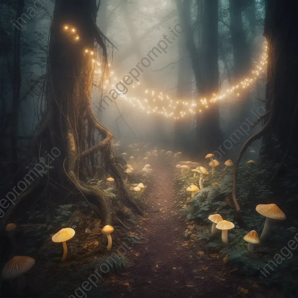 Enchanted forest with glowing mushrooms and mist-covered pathway - Image 2