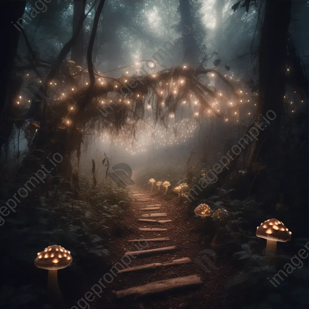 Enchanted forest with glowing mushrooms and mist-covered pathway - Image 3