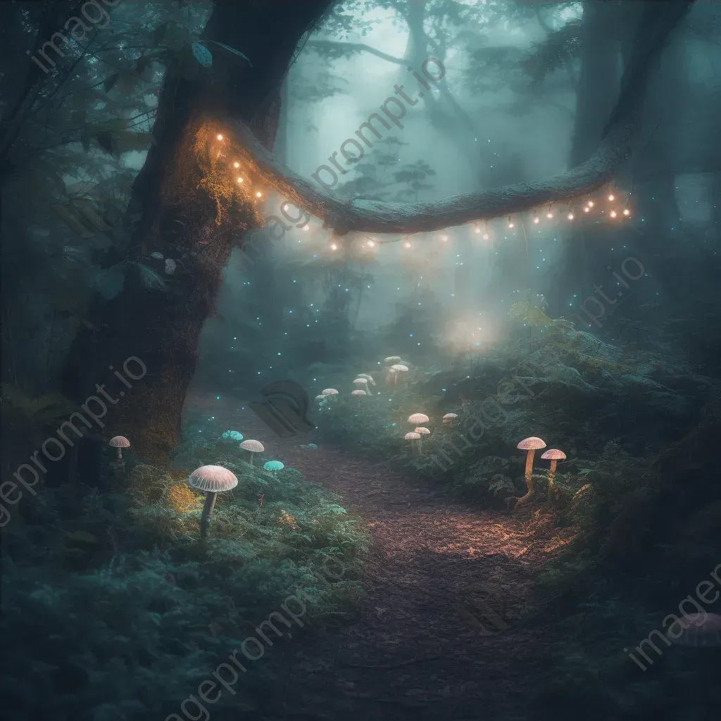 Enchanted forest with glowing mushrooms and mist-covered pathway - Image 4