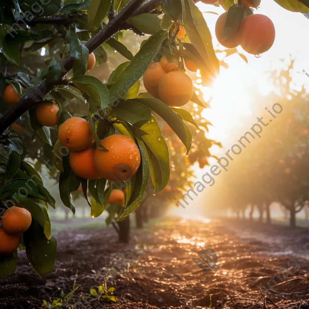 Orange orchard shrouded in morning fog - Image 1