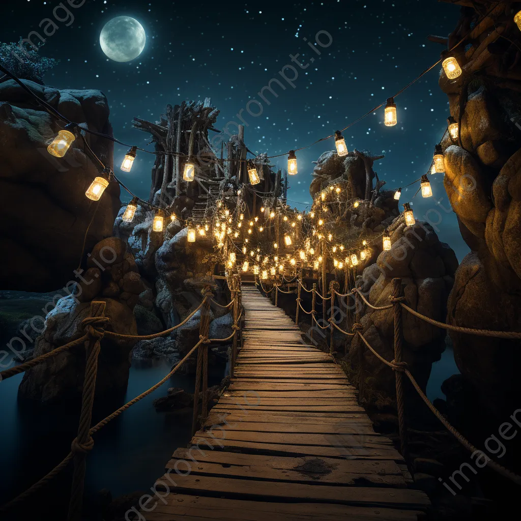 Illuminated rope bridge under a starry sky - Image 1