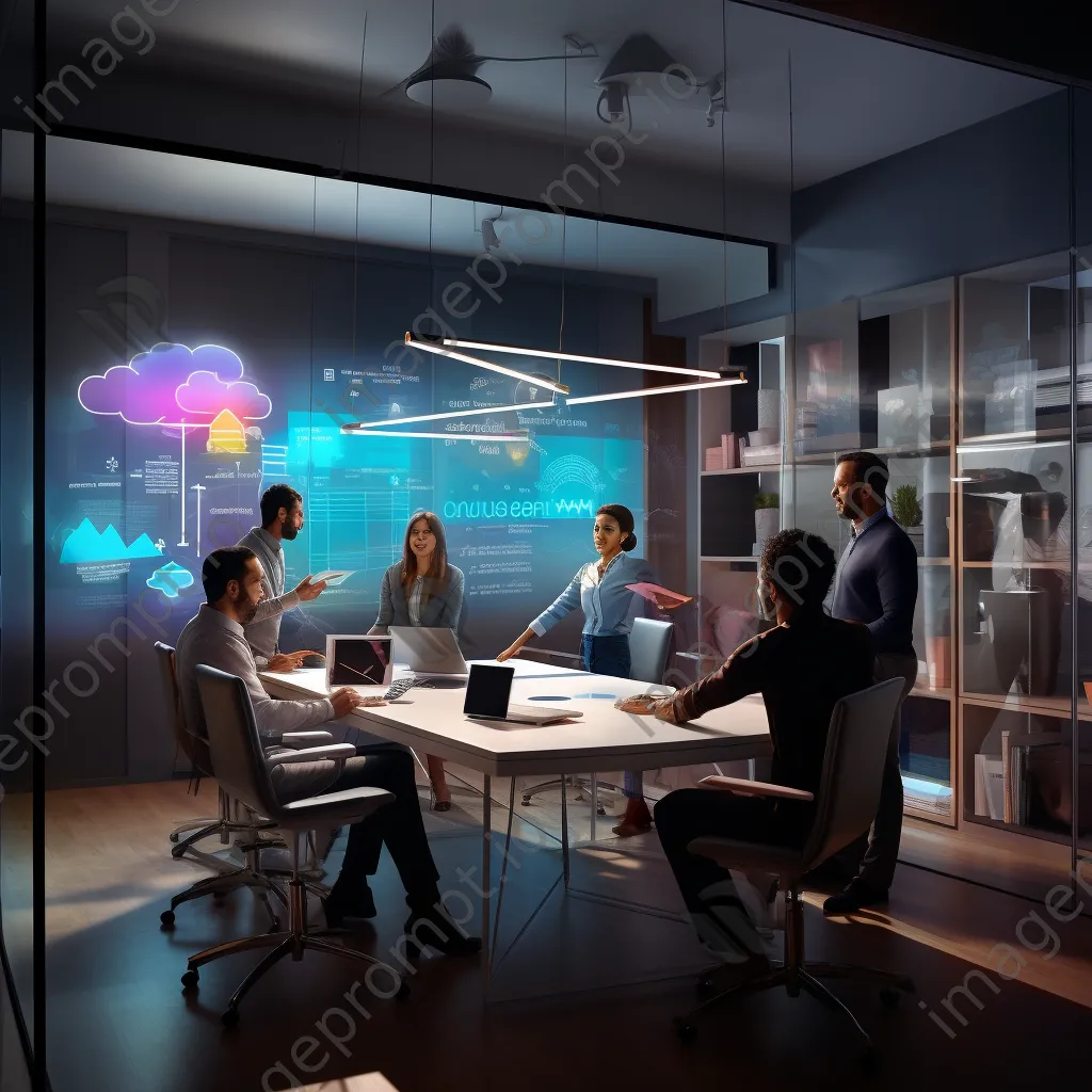 Data scientists collaborating in a modern conference room with cloud visuals. - Image 2