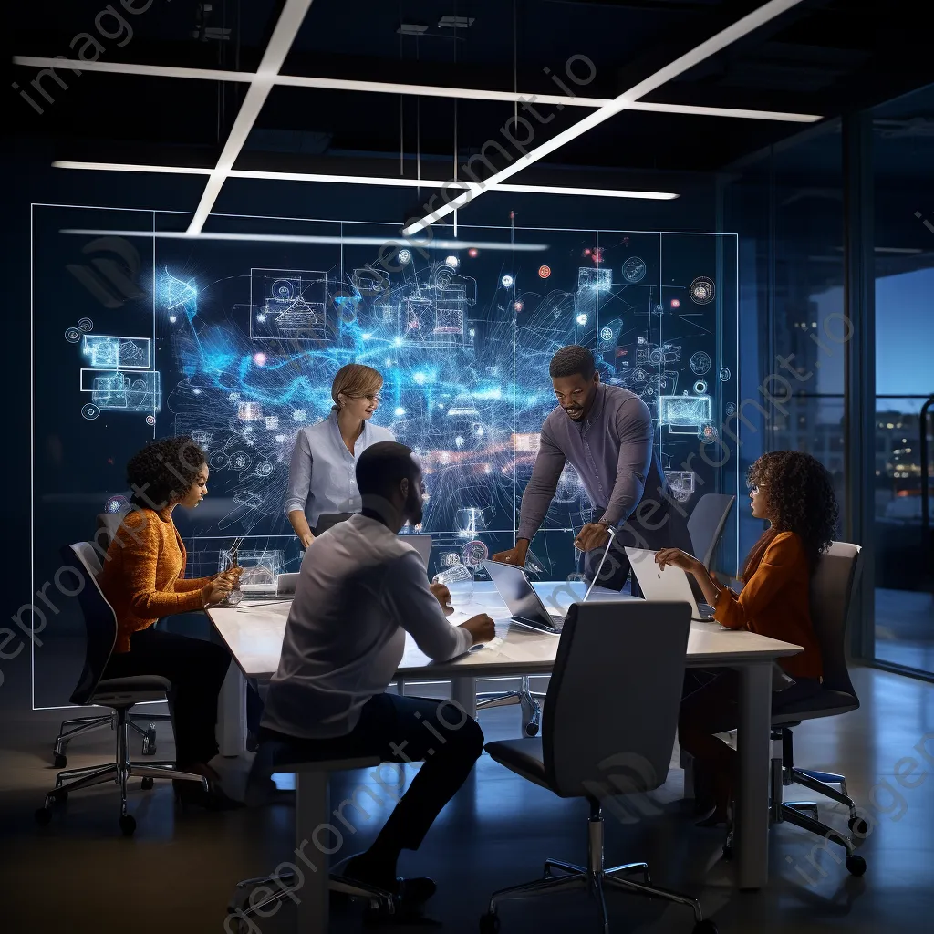 Data scientists collaborating in a modern conference room with cloud visuals. - Image 3