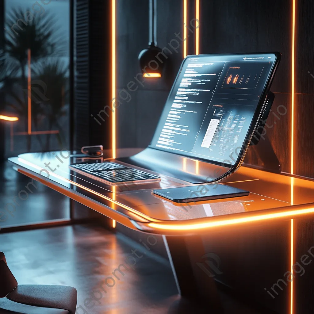 Futuristic workspace with a digital grid overlay on a screen, captured with a smartphone. - Image 1