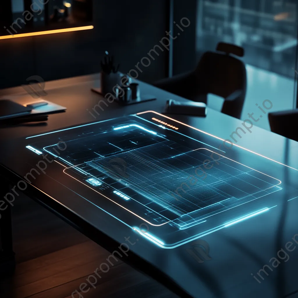 Futuristic workspace with a digital grid overlay on a screen, captured with a smartphone. - Image 2