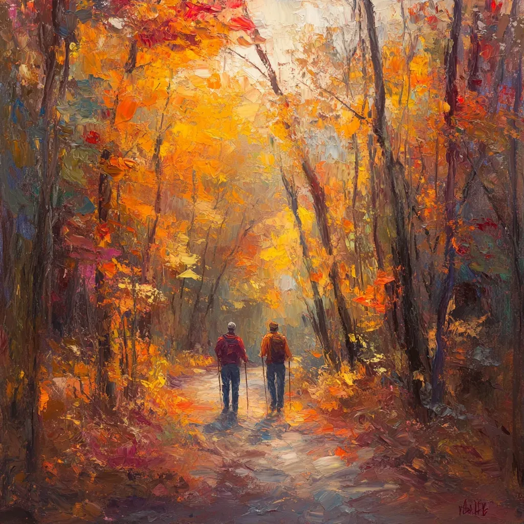 Plein air painting of trekkers journeying through an autumn forest - Image 1