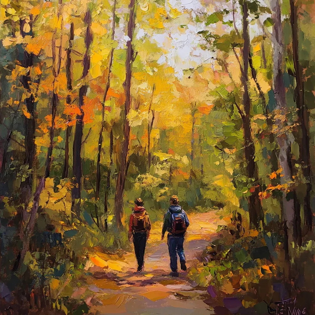 Plein air painting of trekkers journeying through an autumn forest - Image 2