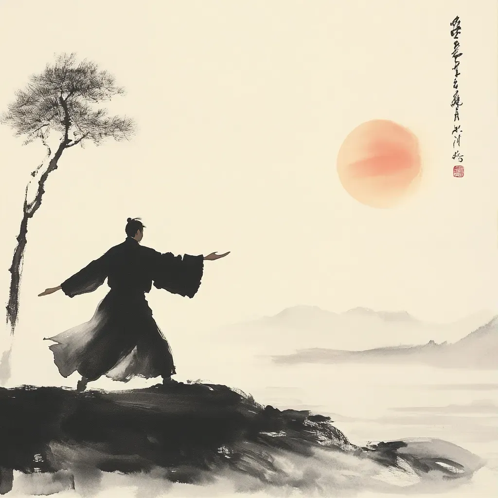 Chinese ink painting of a serene Tai Chi practice at dawn - Image 1