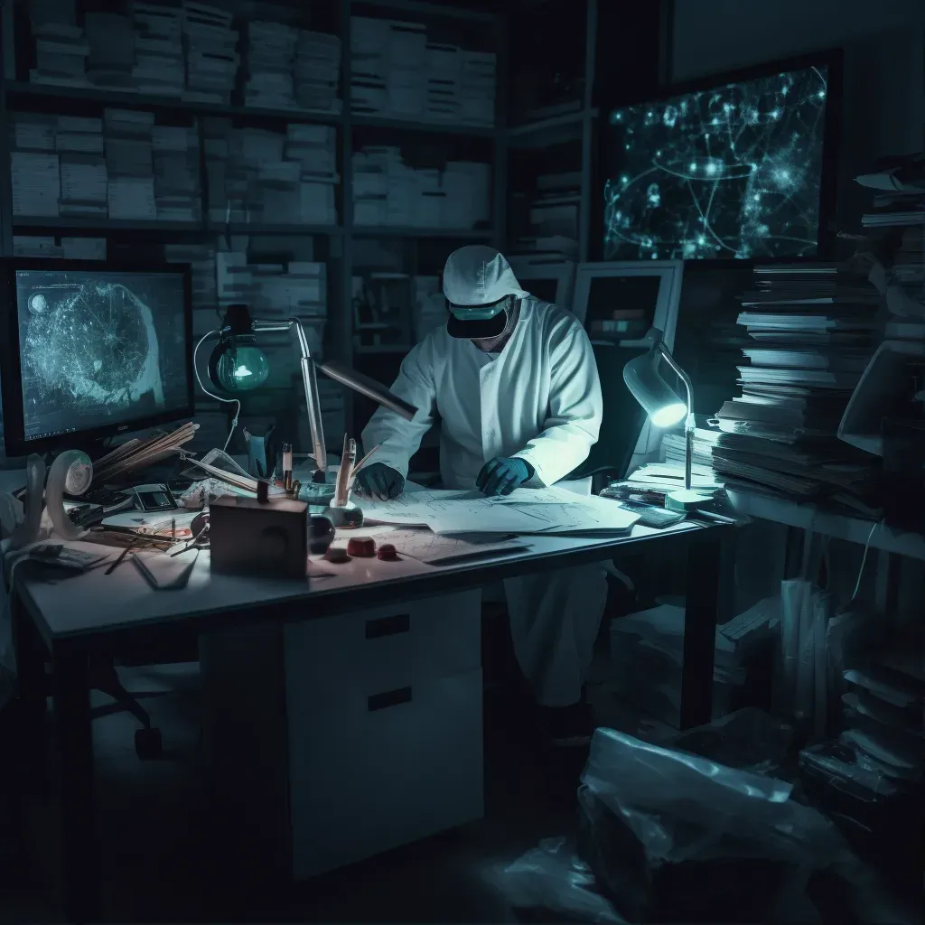 Determined scientist working in cluttered night laboratory lit by single desk lamp - Image 1