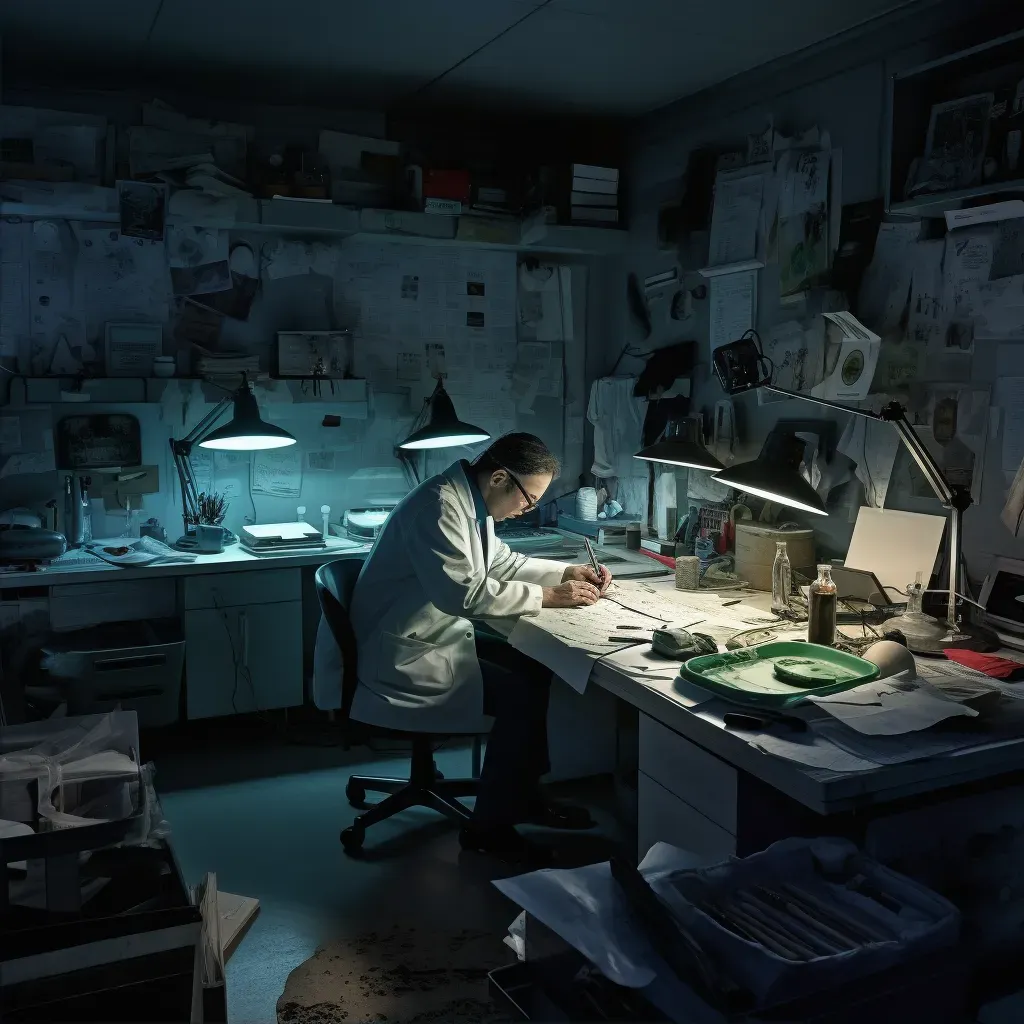 Determined scientist working in cluttered night laboratory lit by single desk lamp - Image 2