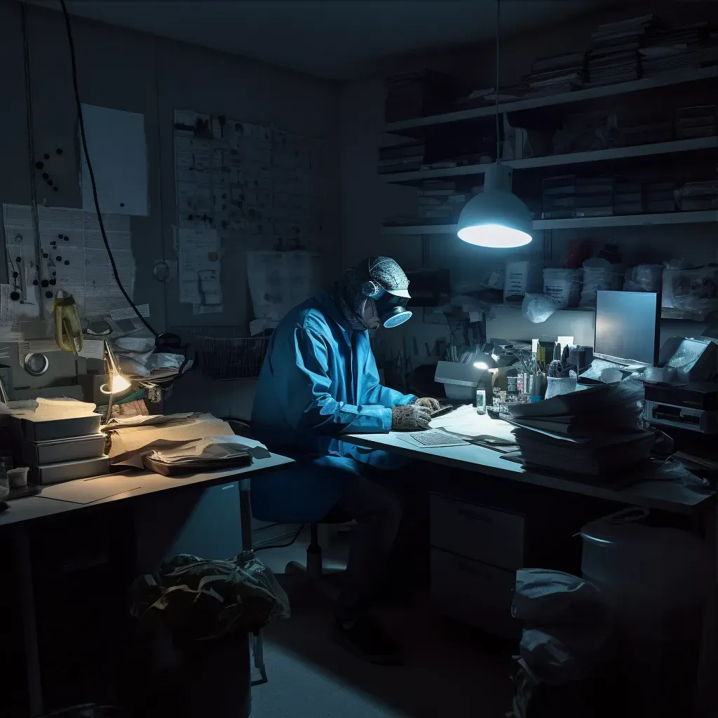 Determined scientist working in cluttered night laboratory lit by single desk lamp - Image 3