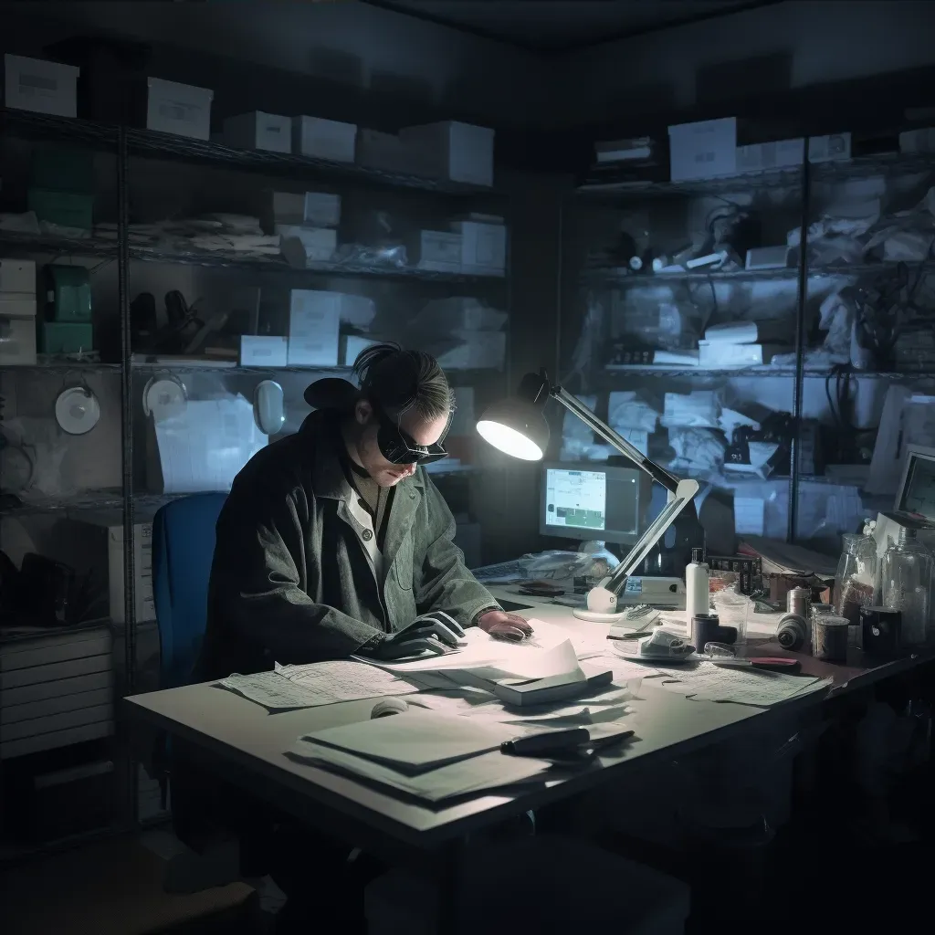 Determined scientist working in cluttered night laboratory lit by single desk lamp - Image 4