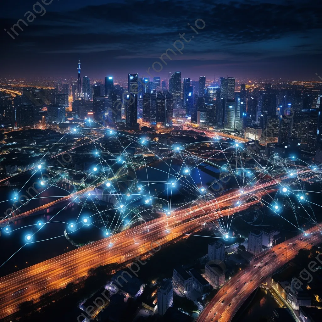 Illuminated smart city skyline at night with interconnected traffic systems. - Image 1