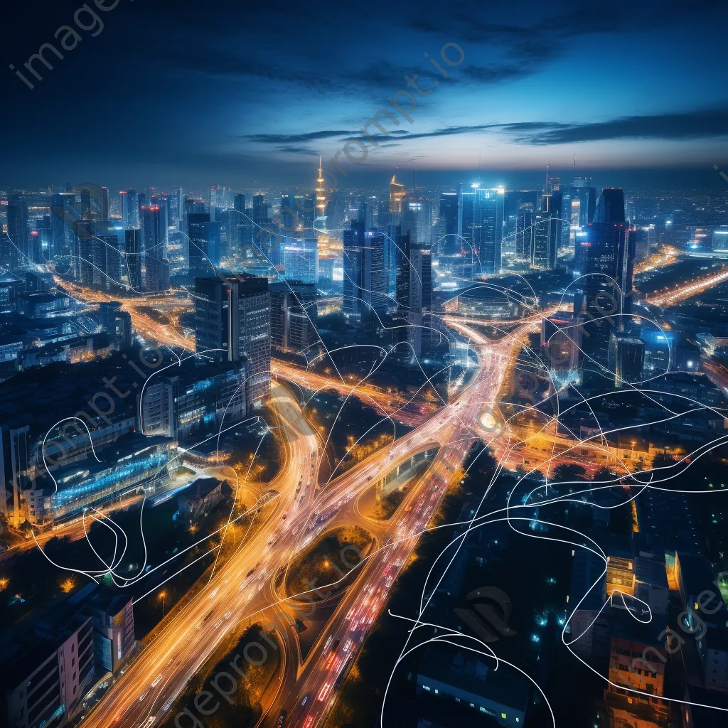 Illuminated smart city skyline at night with interconnected traffic systems. - Image 2