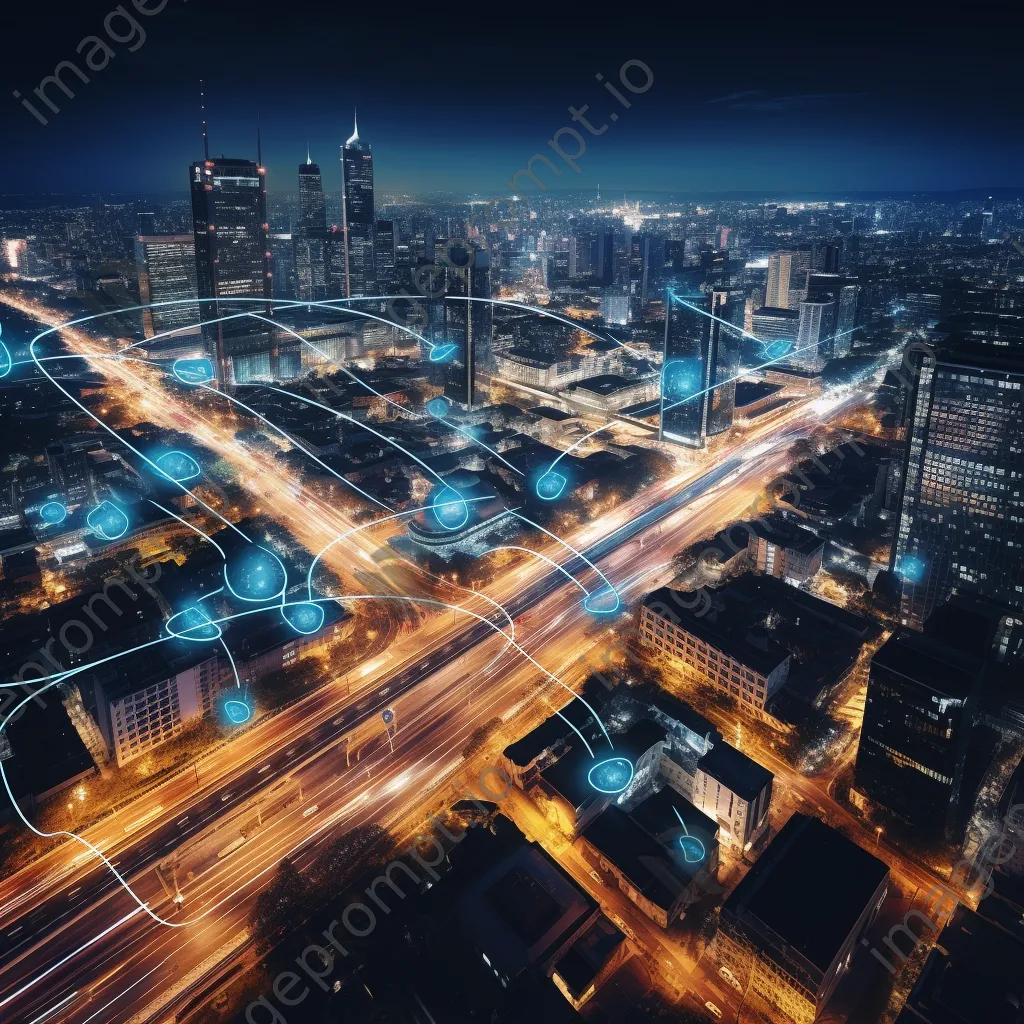 Illuminated smart city skyline at night with interconnected traffic systems. - Image 3