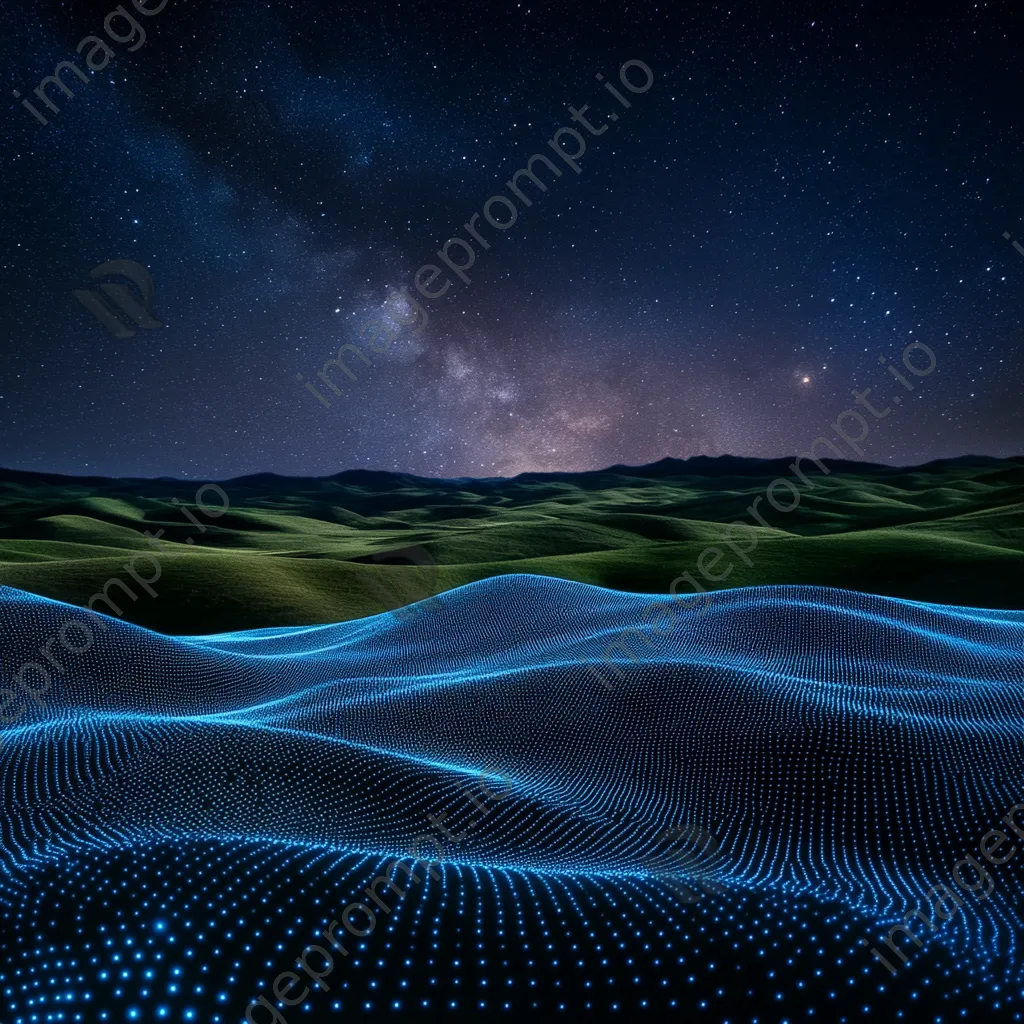 Landscape with blue digital grids over hills beneath a starry sky, captured with a Sony Alpha 7R IV. - Image 1