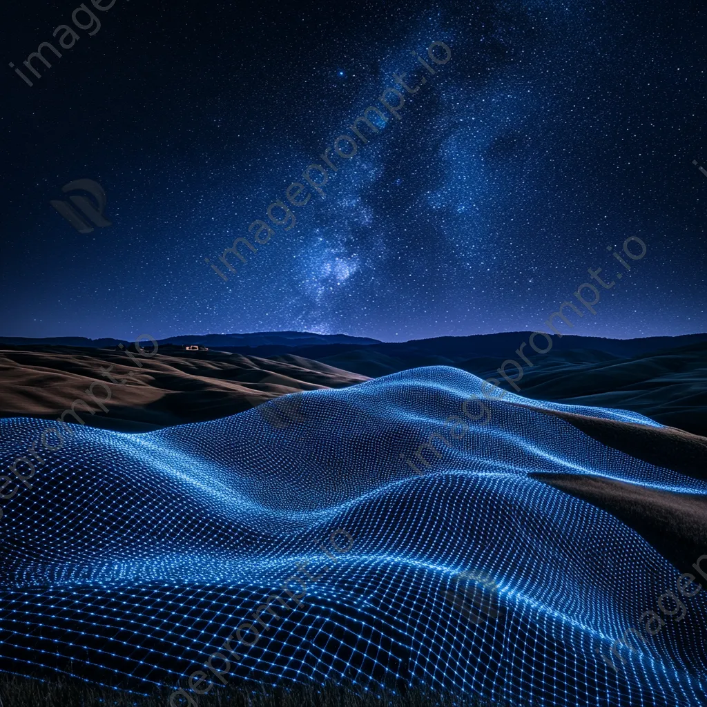 Landscape with blue digital grids over hills beneath a starry sky, captured with a Sony Alpha 7R IV. - Image 3