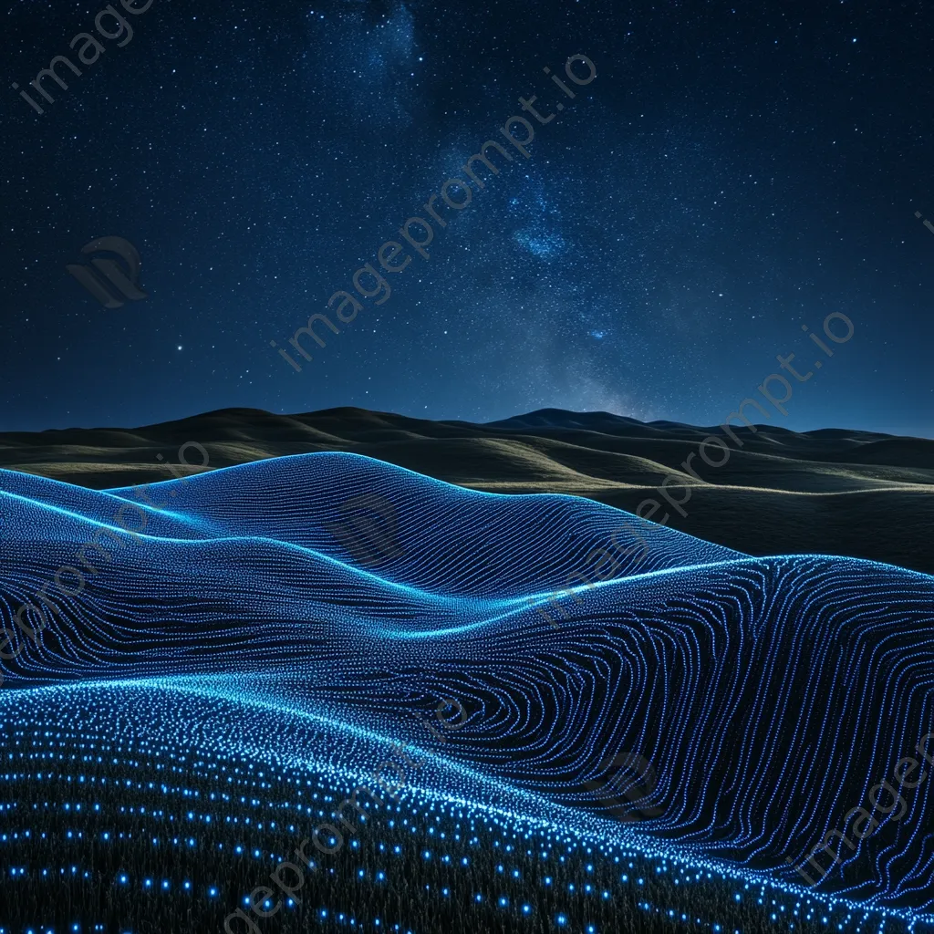 Landscape with blue digital grids over hills beneath a starry sky, captured with a Sony Alpha 7R IV. - Image 4