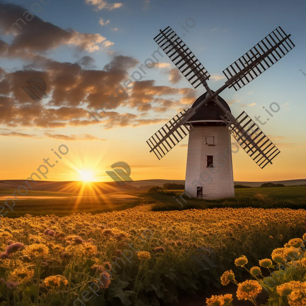 Traditional windmill at sunset with green fields - Image 1