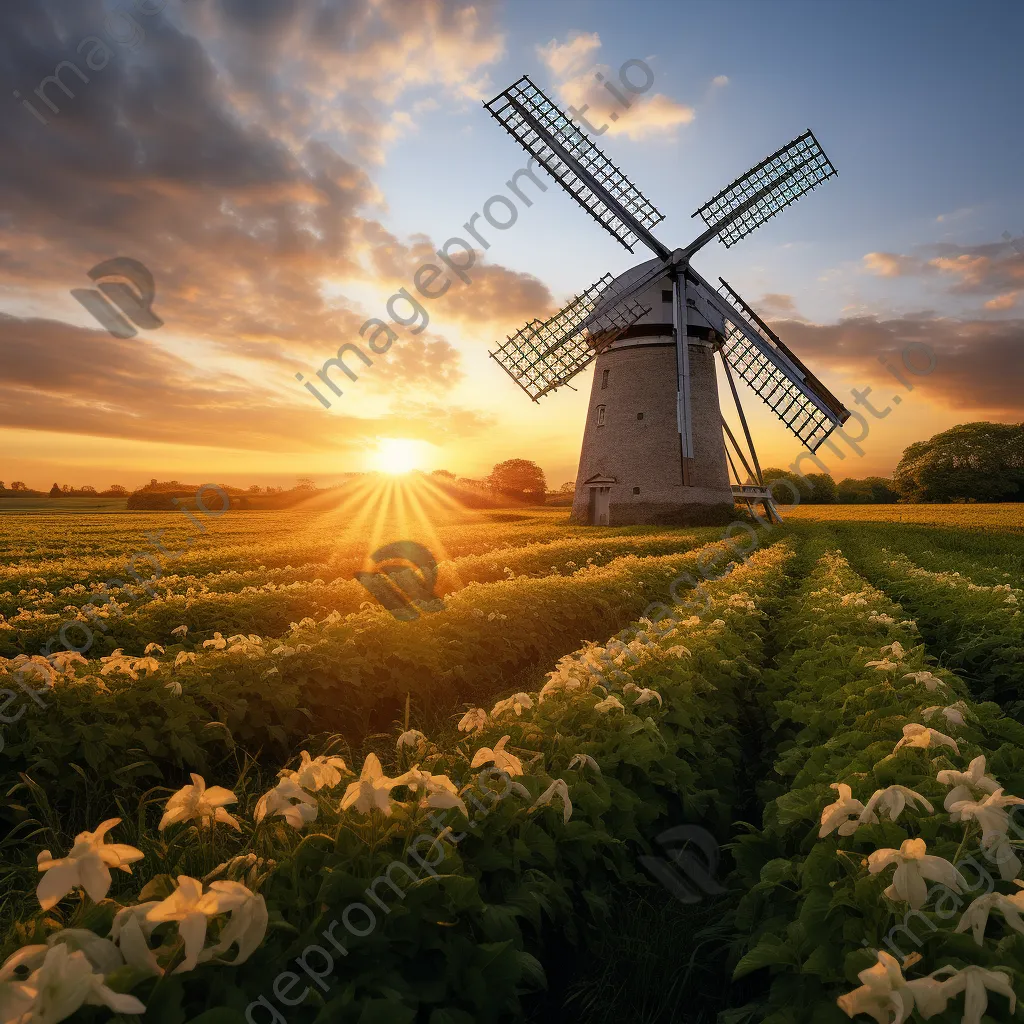 Traditional windmill at sunset with green fields - Image 2