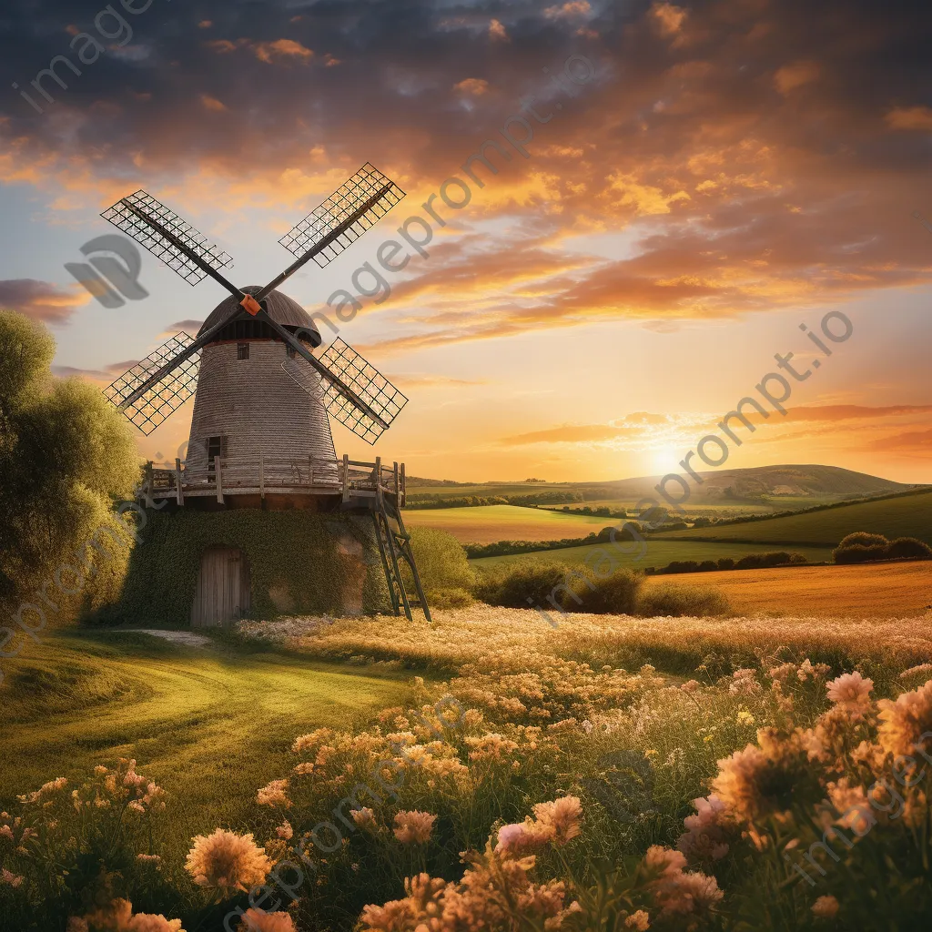 Traditional windmill at sunset with green fields - Image 3