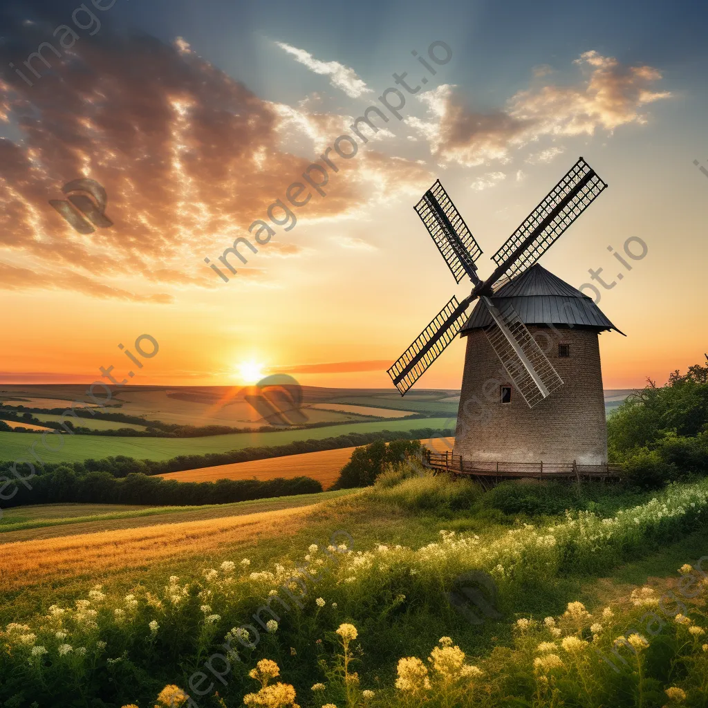 Traditional windmill at sunset with green fields - Image 4