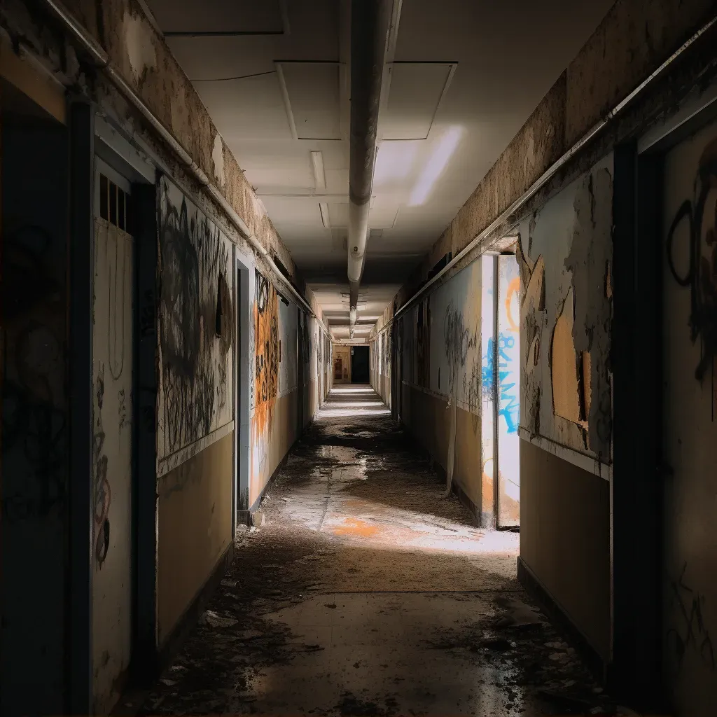 Image of a desolate asylum hallway with flickering lights - Image 2