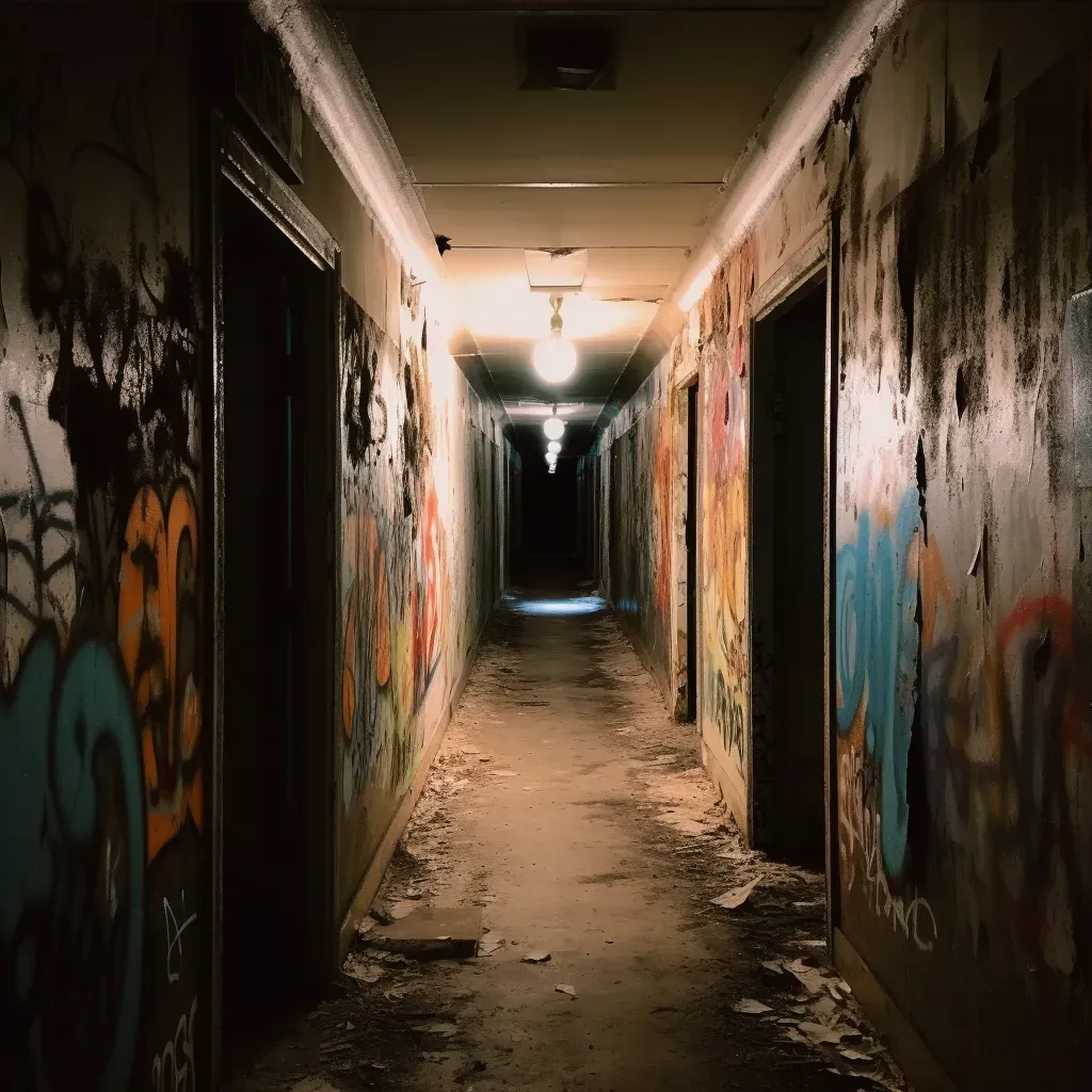 Image of a desolate asylum hallway with flickering lights - Image 3