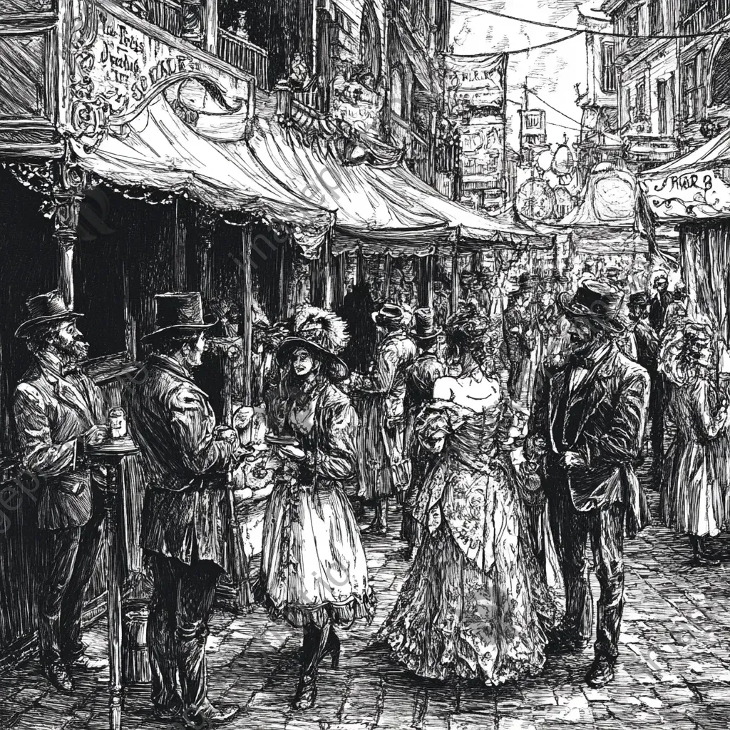 Detailed ink illustration of a bustling Victorian-era street fair demonstrating camaraderie - Image 1