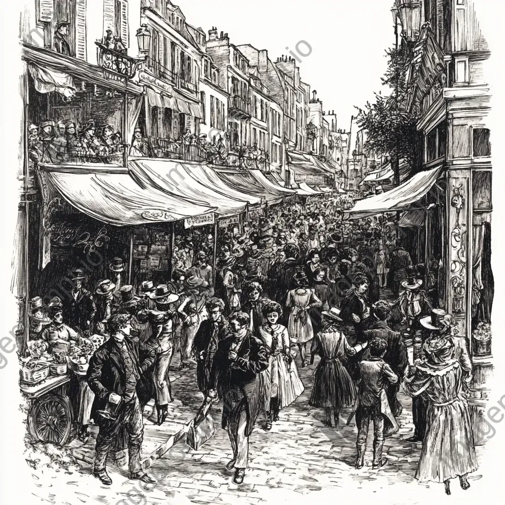 Detailed ink illustration of a bustling Victorian-era street fair demonstrating camaraderie - Image 2